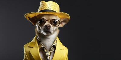 ai generiert cool suchen Chihuahua Hund tragen funky Mode Kleid. Raum zum Text richtig Seite. generativ ai foto