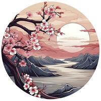 ai generiert Kirsche Blüten im das Sonnenuntergang Hintergrund. japanisch tätowieren Stil. ai generiert foto