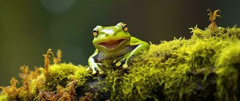 ai generiert Grün Baum Frosch Sitzung auf Moos im das Regenwald. Tierwelt Szene von Natur. foto