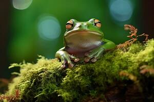 ai generiert Grün Baum Frosch Sitzung auf Moos im das Regenwald. Tierwelt Szene von Natur. foto