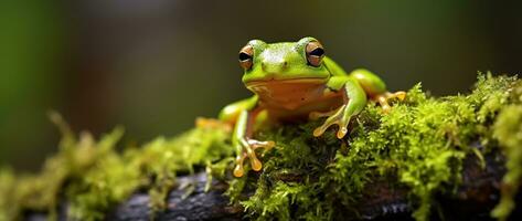 ai generiert Grün Baum Frosch Sitzung auf Moos im das Regenwald. Tierwelt Szene von Natur. foto