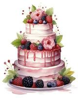 ai generiert Aquarell Hochzeit Kuchen isoliert auf Weiß Hintergrund. ai generiert foto