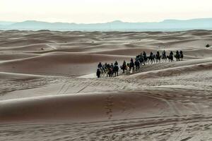 ein Gruppe von Menschen auf Kamele sind Reiten durch das Wüste foto