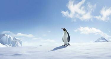 ai generiert Pinguin Stehen im Antarktis suchen in das Blau Himmel. ai generiert foto