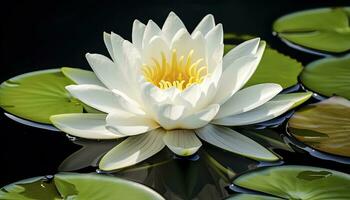 ai generiert Weiß Wasser Lilie. Weiß Lotus mit Blätter auf dunkel Teich. ai generiert foto