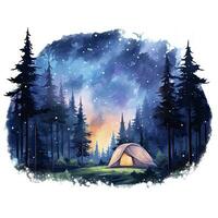 ai generiert ein Camping Zelt im das Wald mit Nacht Himmel, Aquarell zum T-Shirt Design. ai generiert foto