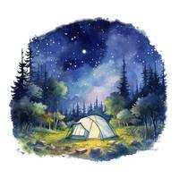 ai generiert ein Camping Zelt im das Wald mit Nacht Himmel, Aquarell zum T-Shirt Design. ai generiert foto