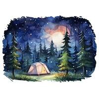 ai generiert ein Camping Zelt im das Wald mit Nacht Himmel, Aquarell zum T-Shirt Design. ai generiert foto