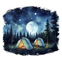 ai generiert ein Camping Zelt im das Wald mit Nacht Himmel, Aquarell zum T-Shirt Design. ai generiert foto