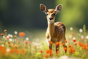 ai generiert weiblich Rogen Hirsch mit schön Blume. ai generiert foto