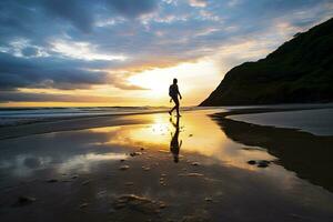 ai generiert ein Person Gehen auf das Strand beim Sonnenuntergang. ai generiert. foto