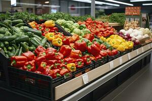 ai generiert Früchte und Gemüse auf Geschäft Stand im Supermarkt Lebensmittelgeschäft speichern. ai generiert foto