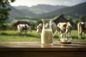 ai generiert Glas Krug mit frisch Milch auf ein hölzern Tisch. ai generiert foto