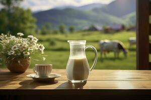 ai generiert Glas Krug mit frisch Milch auf ein hölzern Tisch. ai generiert foto