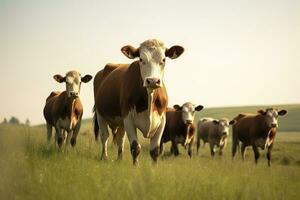 ai generiert Gruppe von Kühe Stehen im ein grasig Feld. ai generiert foto