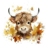 ai generiert glücklich süß Baby Hochland Kuh im Herbst Blätter im das Aquarell Stil. ai generiert foto