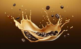 ai generiert heiß Flüssigkeit Kaffee Spritzen mit Kaffee Bohne fallen, 3d Illustration. ai generiert foto