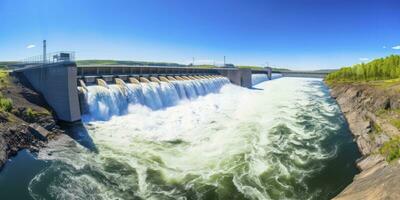 ai generiert Wasserkraft Damm Erstellen Grün Energie von fließend Wasser. ai generiert. foto