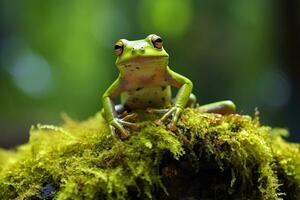 ai generiert Grün Baum Frosch Sitzung auf Moos im das Regenwald. Tierwelt Szene von Natur. foto