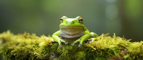 ai generiert Grün Baum Frosch Sitzung auf Moos im das Regenwald. Tierwelt Szene von Natur. foto