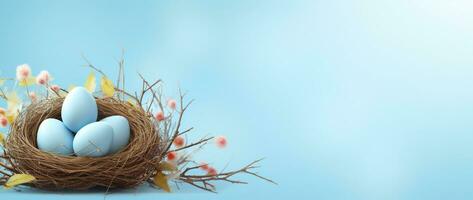 ai generiert Ostern Eier im ein Nest auf ein Blau Hintergrund foto