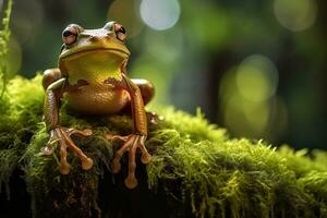 ai generiert Grün Baum Frosch Sitzung auf Moos im das Regenwald. Tierwelt Szene von Natur. foto