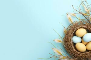 ai generiert Ostern Eier im ein Nest auf ein Blau Hintergrund foto