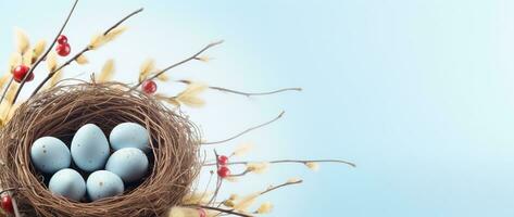 ai generiert Ostern Eier im ein Nest auf ein Blau Hintergrund foto