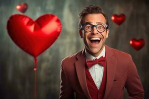 ai generiert Porträt von ein glücklich Mann mit ein rot Herz auf Valentinstag Tag Konzept. foto