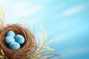 ai generiert Ostern Eier im ein Nest auf ein Blau Hintergrund foto