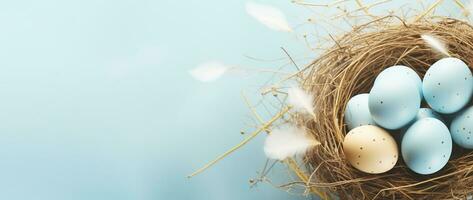 ai generiert Ostern Eier im ein Nest auf ein Blau Hintergrund foto