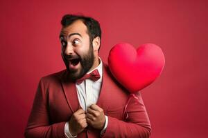 ai generiert Porträt von ein glücklich Mann mit ein rot Herz auf Valentinstag Tag Konzept. foto