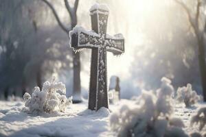 ai generiert Kreuz im das Winter Wald. Christian Kreuz im das schneebedeckt Wald. foto