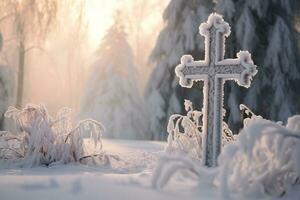 ai generiert Kreuz im das Winter Wald. Christian Kreuz im das schneebedeckt Wald. foto