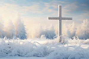 ai generiert Kreuz im das Winter Wald. Christian Kreuz im das schneebedeckt Wald. foto