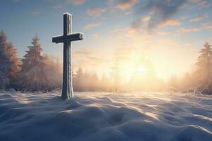 ai generiert Kreuz im das Winter Wald. Christian Kreuz im das schneebedeckt Wald. foto