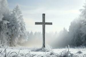 ai generiert Kreuz im das Winter Wald. Christian Kreuz im das schneebedeckt Wald. foto