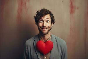 ai generiert Porträt von ein glücklich Mann mit ein rot Herz auf Valentinstag Tag Konzept. foto