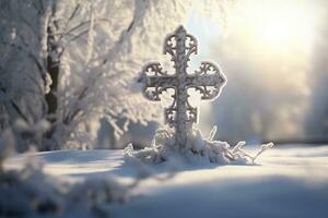 ai generiert Kreuz im das Winter Wald. Christian Kreuz im das schneebedeckt Wald. foto