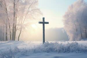 ai generiert Kreuz im das Winter Wald. Christian Kreuz im das schneebedeckt Wald. foto