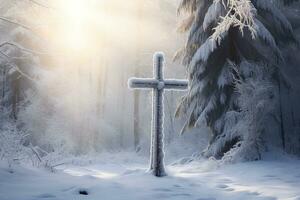 ai generiert Kreuz im das Winter Wald. Christian Kreuz im das schneebedeckt Wald. foto