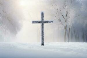 ai generiert Kreuz im das Winter Wald. Christian Kreuz im das schneebedeckt Wald. foto