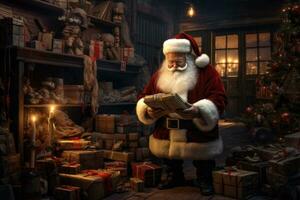 ai generiert ein Weihnachten Szene von Santa claus mit Geschenke foto