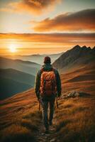 ai generiert Wanderer mit Rucksack Wandern im das Berge beim Sonnenuntergang. Reise und Abenteuer Konzept, ai generativ. foto