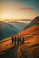 ai generiert Gruppe von Wanderer Wandern im das Berge beim Sonnenuntergang. Reise und Abenteuer Konzept, ai generativ. foto