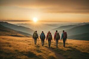 ai generiert Gruppe von Wanderer Wandern im das Berge beim Sonnenuntergang. Reise und Abenteuer Konzept, ai generativ. foto