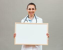 schön weiblich Arzt ist halten Whiteboard auf grau Hintergrund. foto