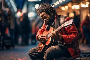 ai generiert Straße Musiker spielen Gitarre im städtisch Abend Rahmen foto