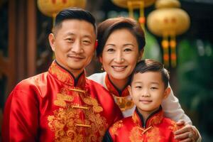 ai generiert traditionell Chinesisch Familie im festlich Kleidung posieren zum ein Porträt foto