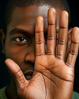 ai generiert Nahansicht von ein jung Erwachsene schwarz Mann mit Hand Abdeckung Gesicht foto